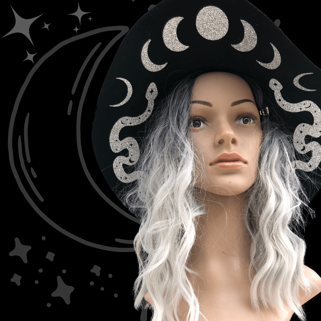 Floppy Fedora Moon Phases & Snakes Hats | Witchy Spooky hats Moon Phases Hat | Felt Hat | Women's Felt Hat | Festival Fedora Hat