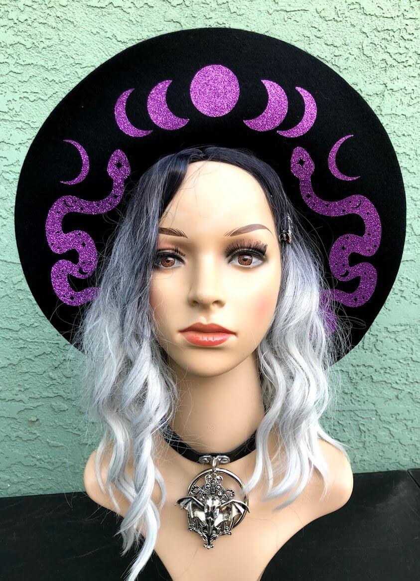 Floppy Fedora Moon Phases & Snakes Hats | Witchy Spooky hats Moon Phases Hat | Felt Hat | Women's Felt Hat | Festival Fedora Hat