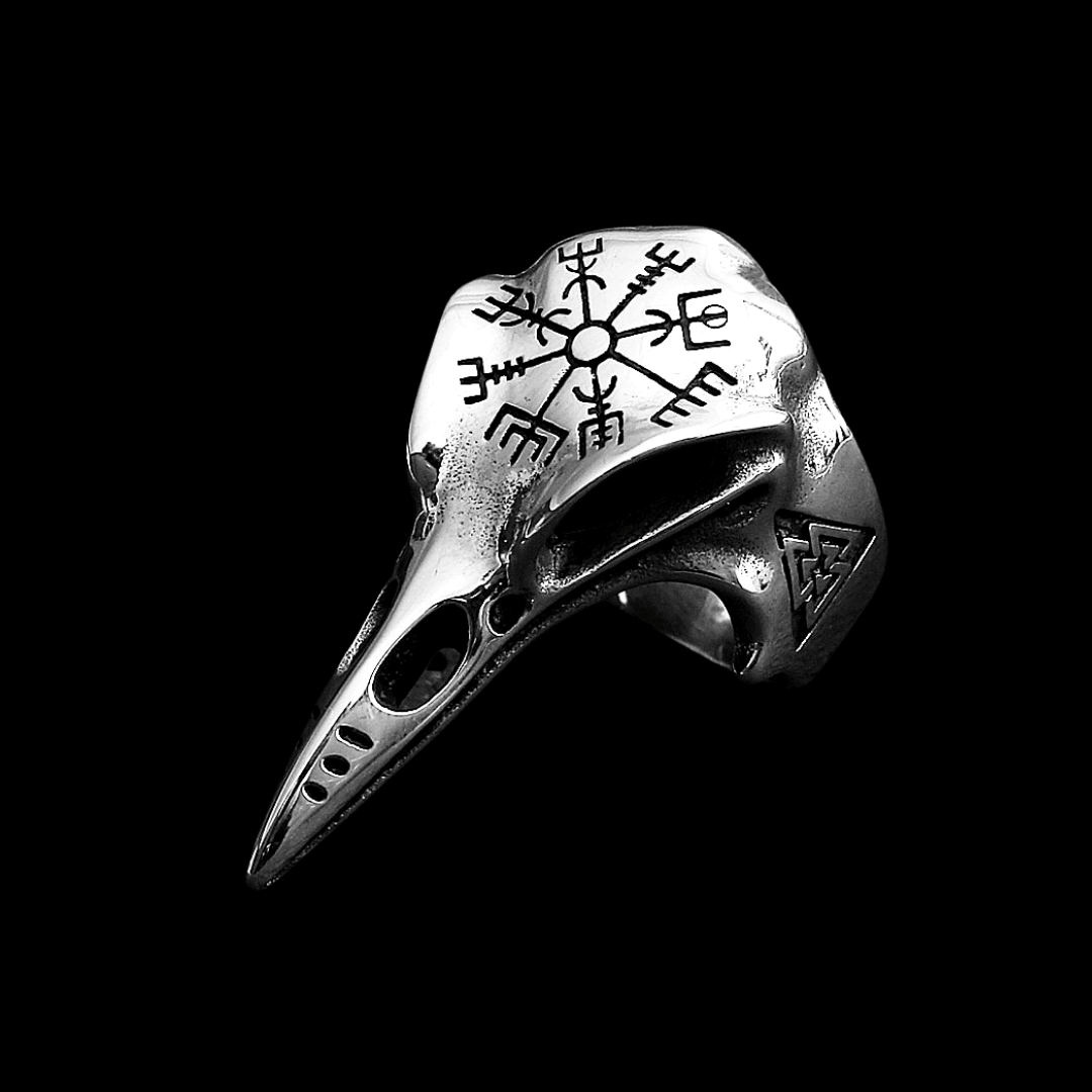 Raven Skull Rings "Helm of Awe" and "Raven Moon Insignia" Stainless Steel